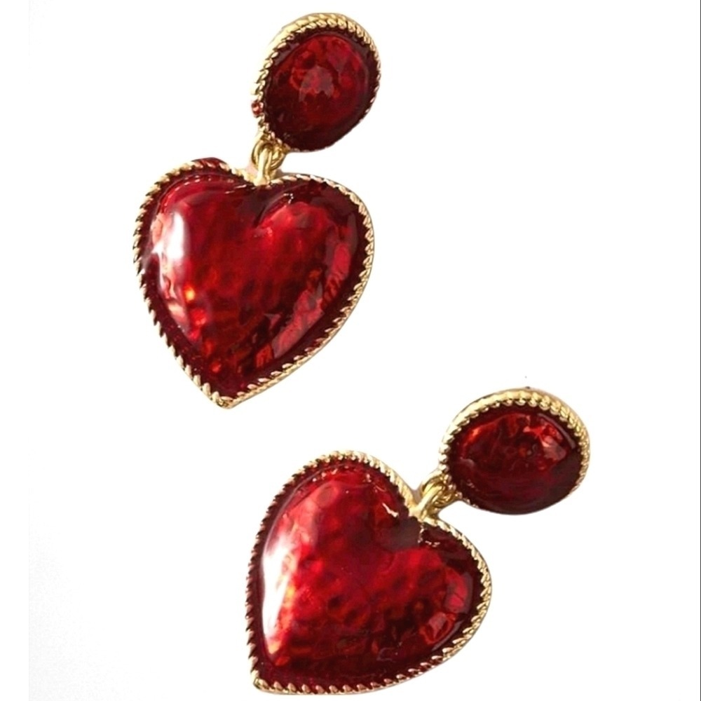 Gold Red Heart Dangle Earrings Romantic Strawberry fruit Retro Statement 💖